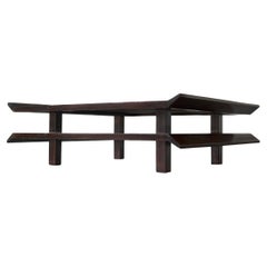 Two-Tiered Japanese Pagoda Style Coffee Table in Wood and Bamboo 1970s