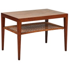 Two-Tiered Mid-Century Walnut Coffee or End Table Walnut with Rattan Shelf