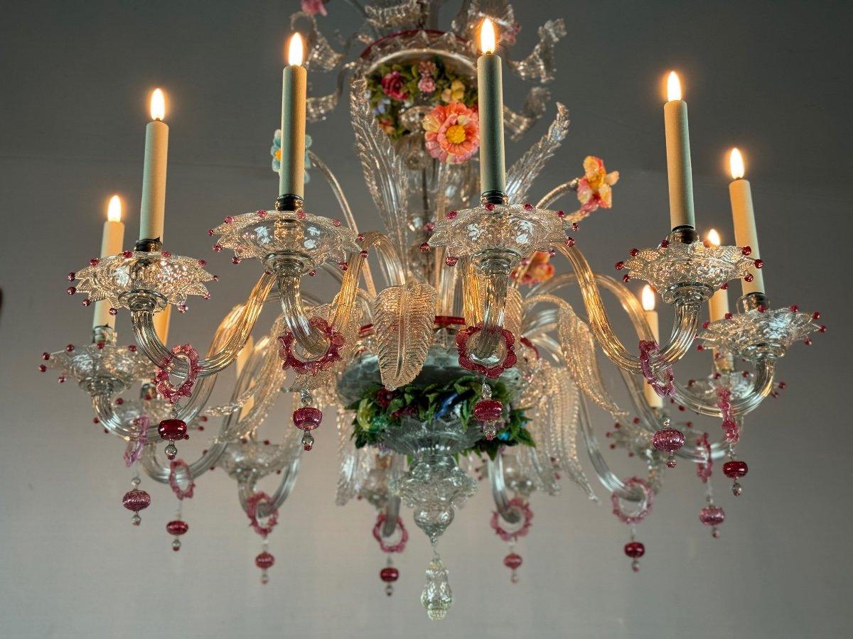 Lampadario a due livelli in vetro di Murano multicolore con fiori e foglie in vendita 3