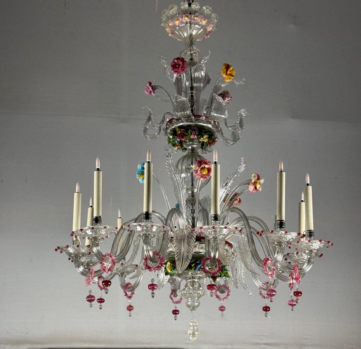 Lampadario a due livelli in vetro di Murano multicolore con fiori e foglie in vendita 4