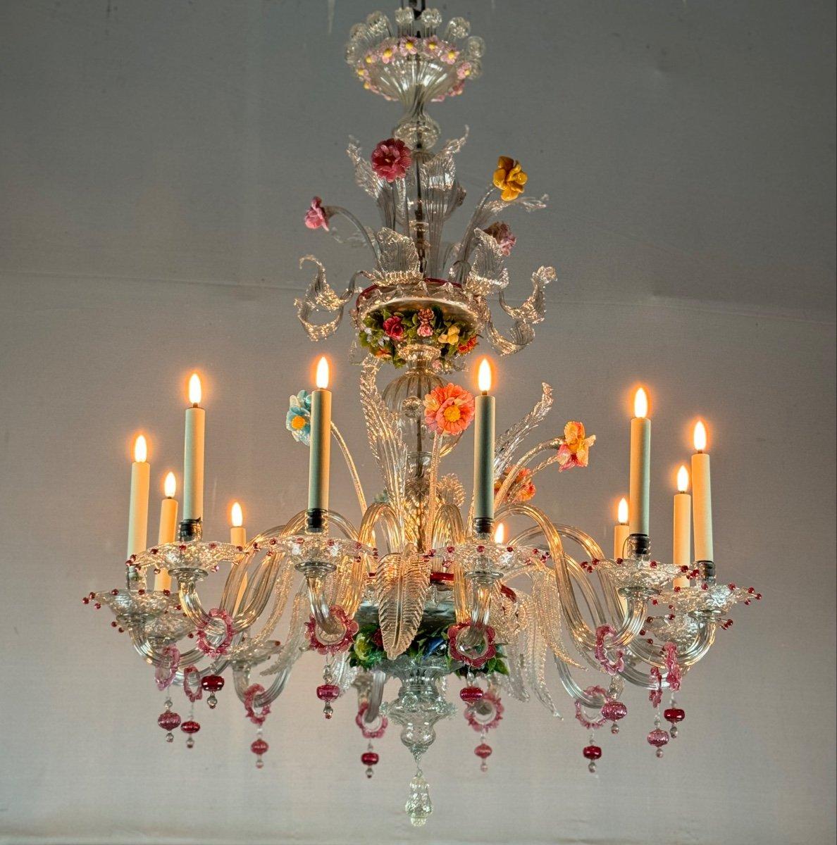 Lampadario a due livelli in vetro di Murano multicolore con fiori e foglie in vendita 6