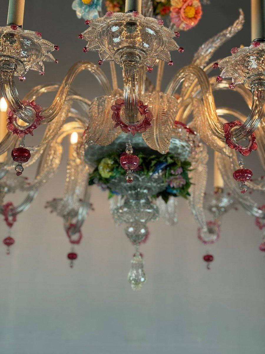 XX secolo Lampadario a due livelli in vetro di Murano multicolore con fiori e foglie in vendita