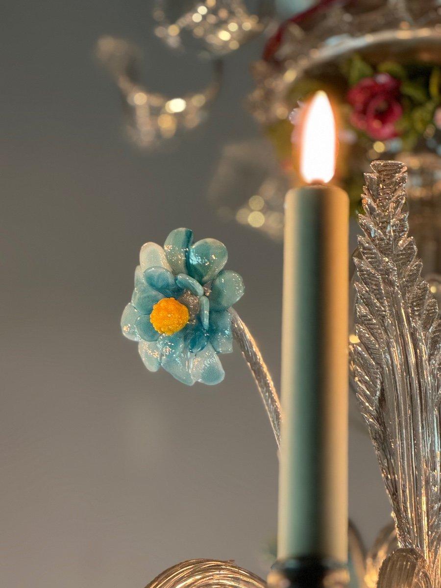 Cristallo Lampadario a due livelli in vetro di Murano multicolore con fiori e foglie in vendita