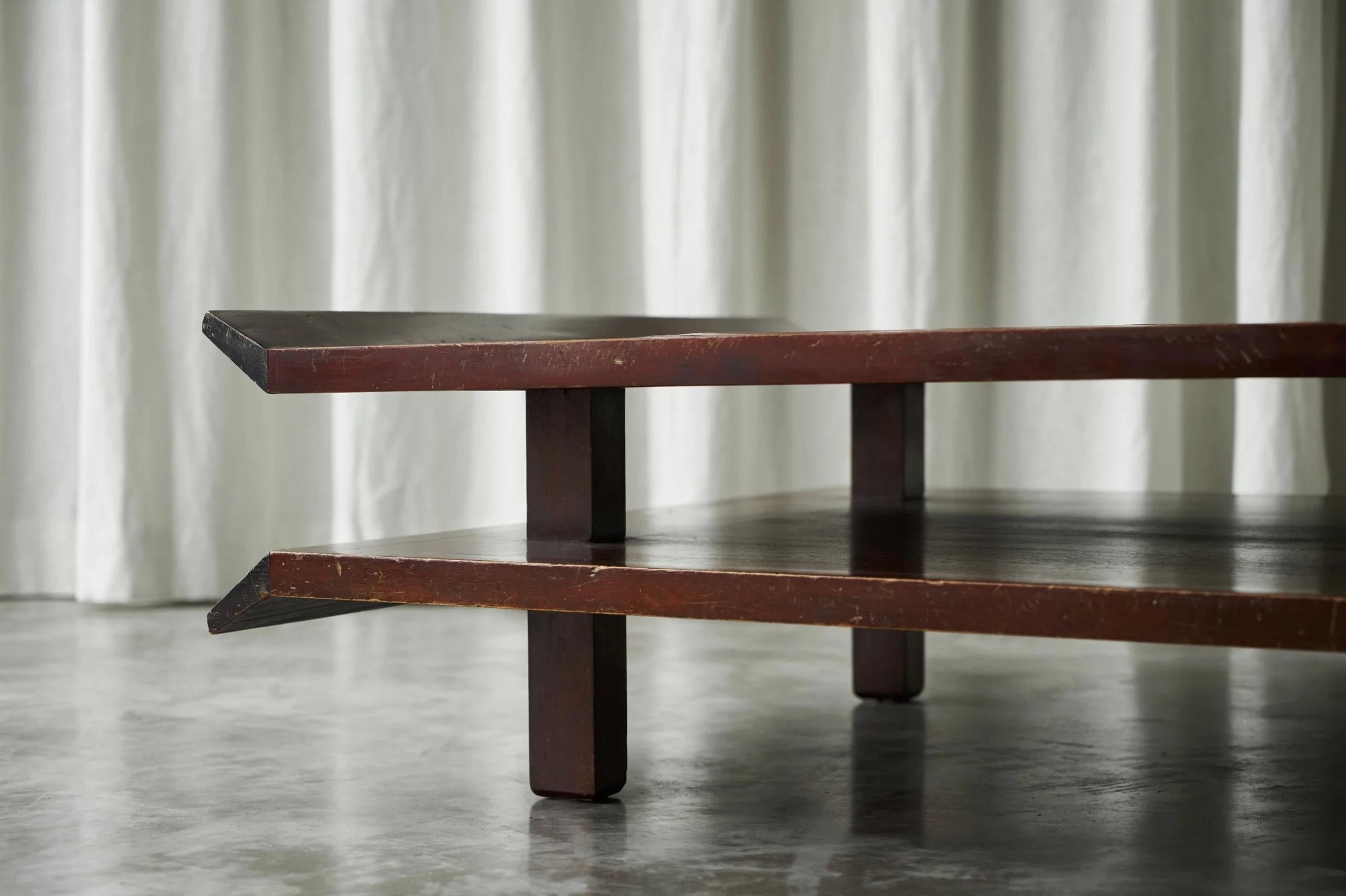 Inconnu Two-Tiered Pagoda Wabi Sabi Style Coffee Table in Wood and Bamboo 1970s en vente