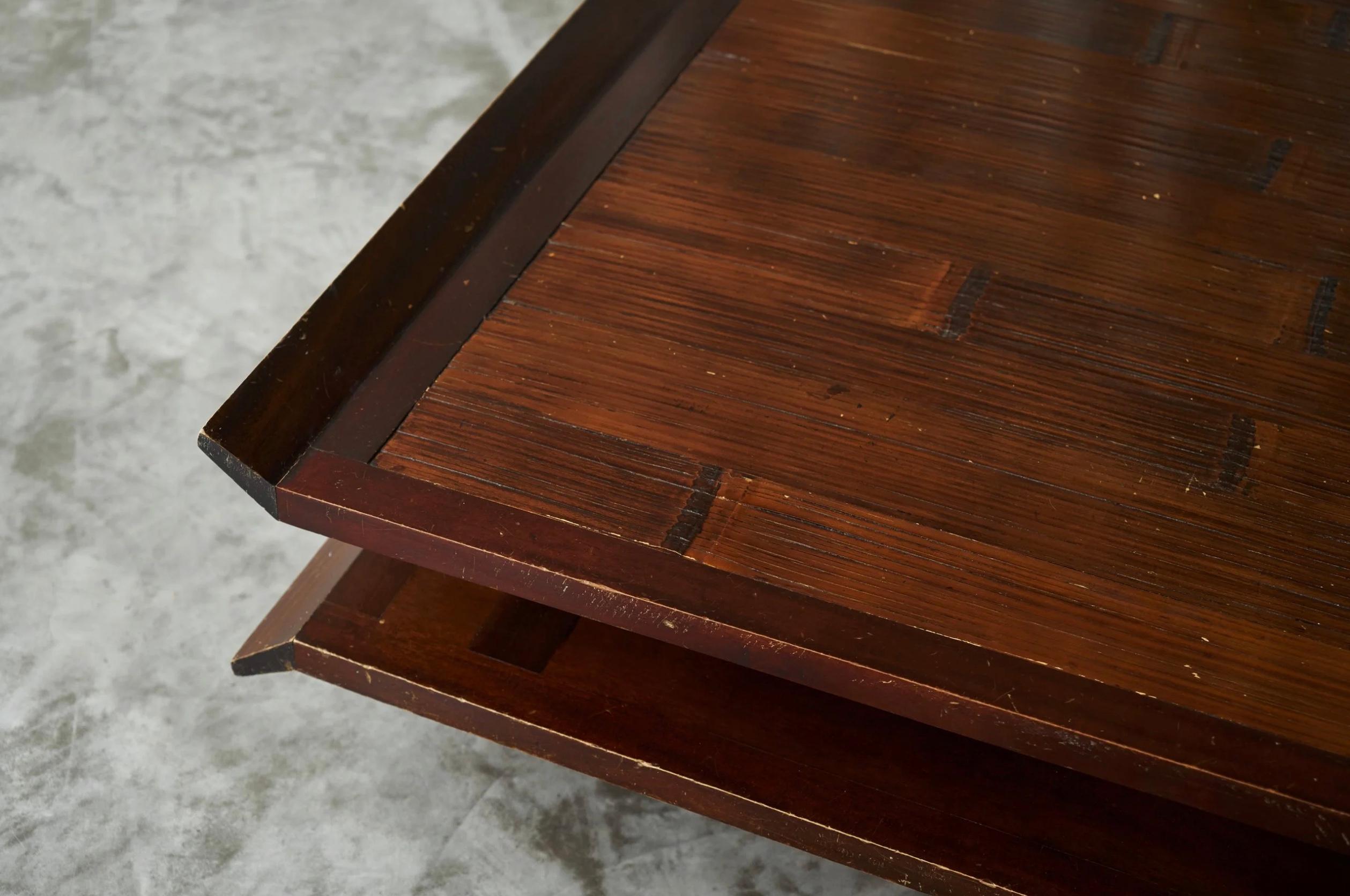 Fait main Two-Tiered Pagoda Wabi Sabi Style Coffee Table in Wood and Bamboo 1970s en vente