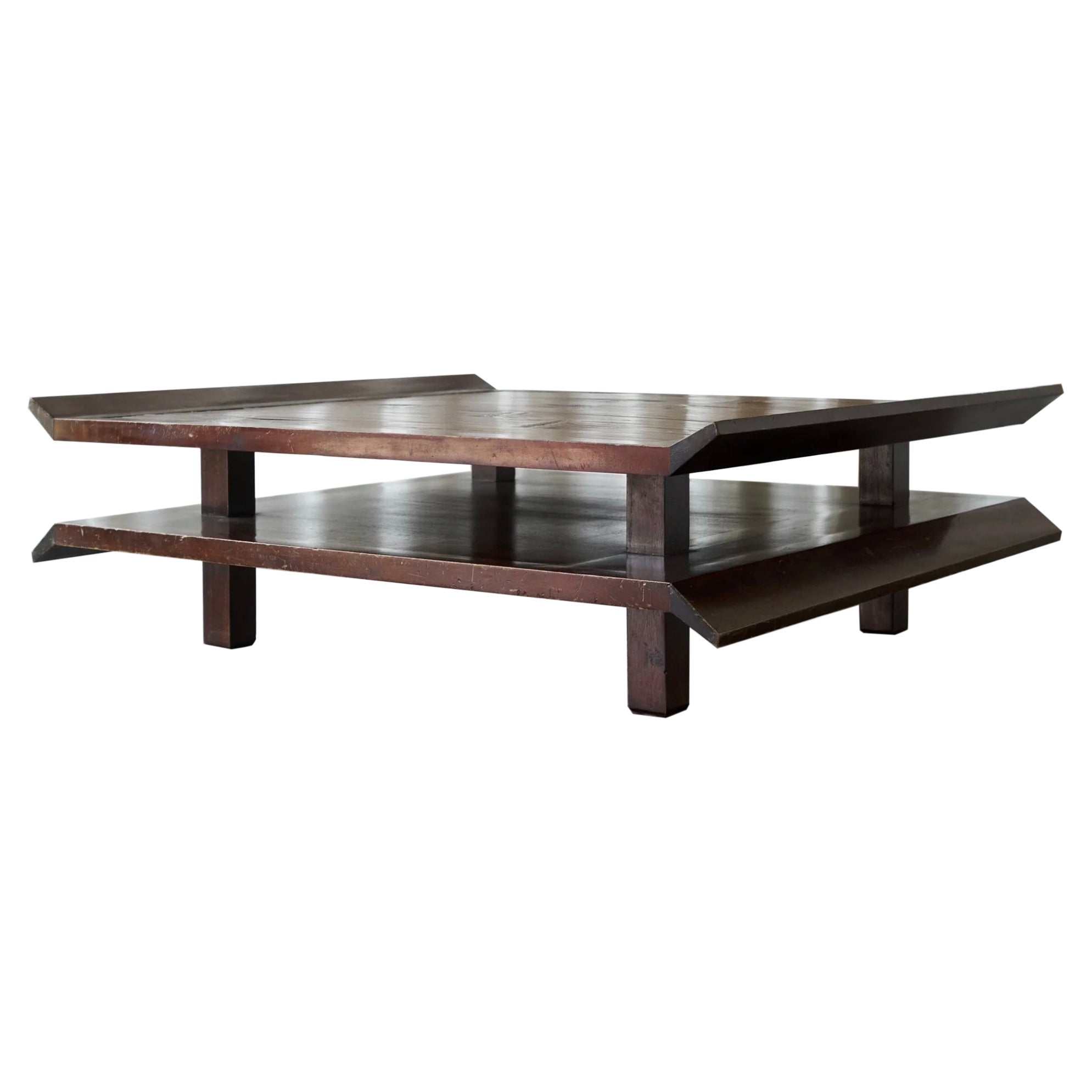 Two-Tiered Pagoda Wabi Sabi Style Coffee Table in Wood and Bamboo 1970s