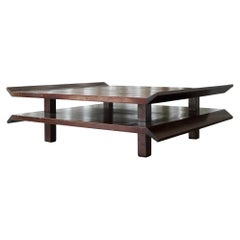 Two-Tiered Pagoda Wabi Sabi Style Coffee Table in Wood and Bamboo 1970s