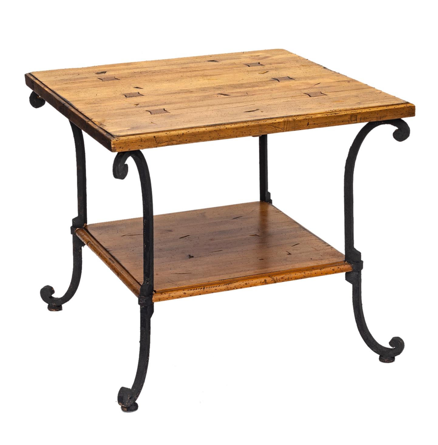 Rustic Two-Tiered Pine Table with Wrought Iron Legs For Sale