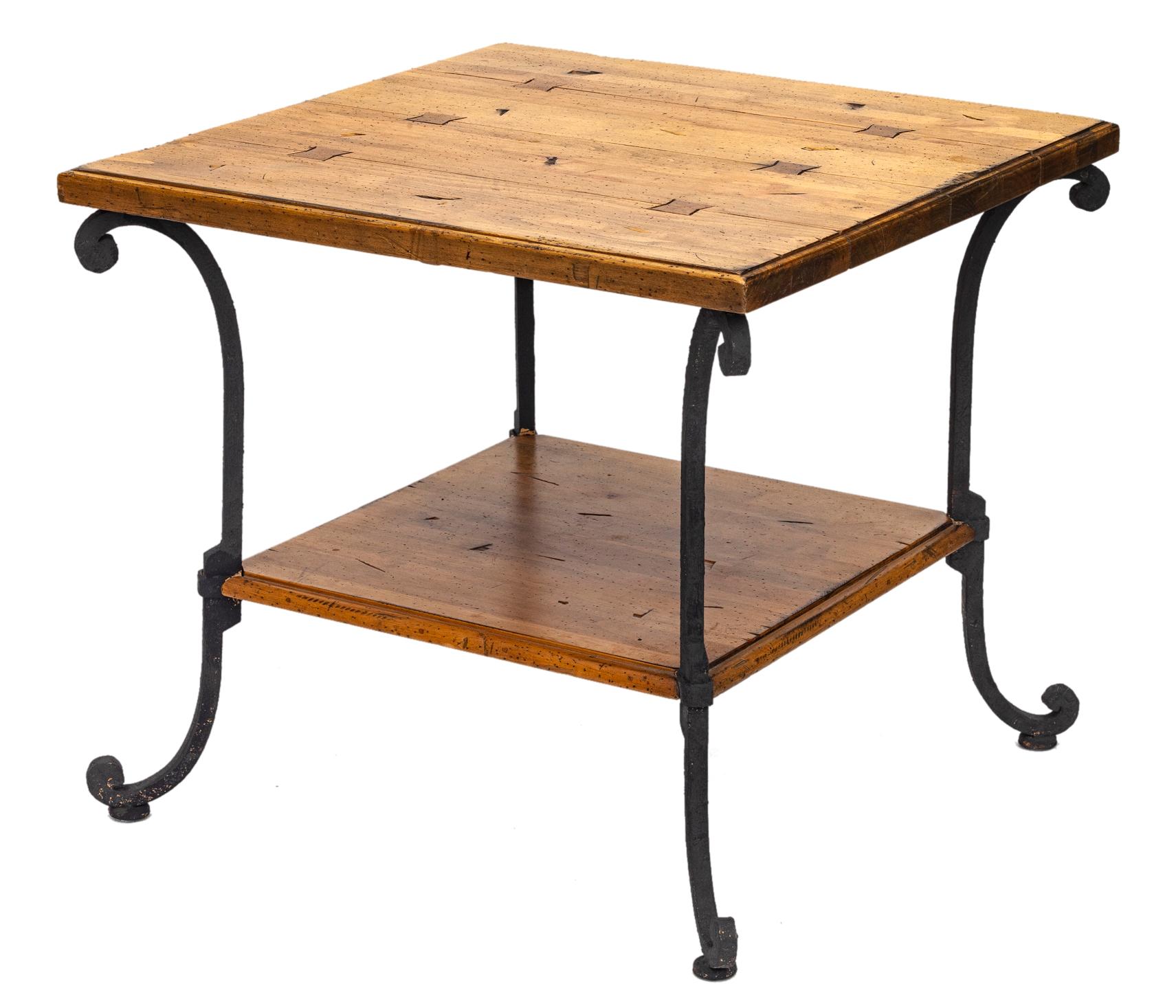 Forged Two-Tiered Pine Table with Wrought Iron Legs For Sale