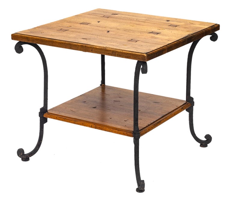 TwoTiered Pine Table with Wrought Iron Legs For Sale at 1stDibs