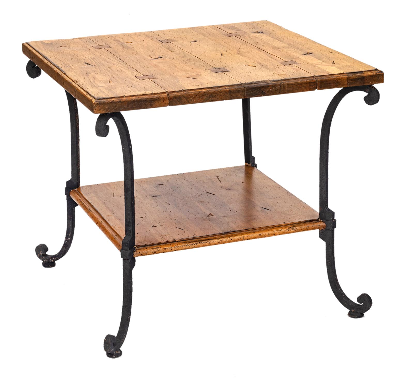 Two-Tiered Pine Table with Wrought Iron Legs In Good Condition For Sale In Malibu, CA