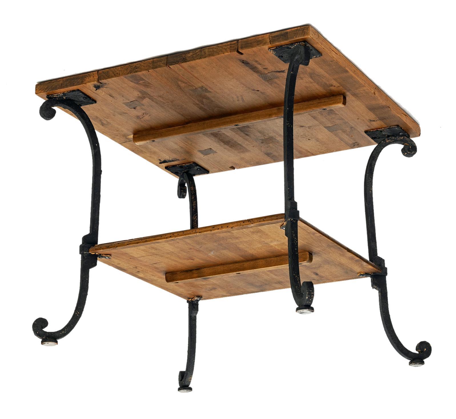 20th Century Two-Tiered Pine Table with Wrought Iron Legs For Sale