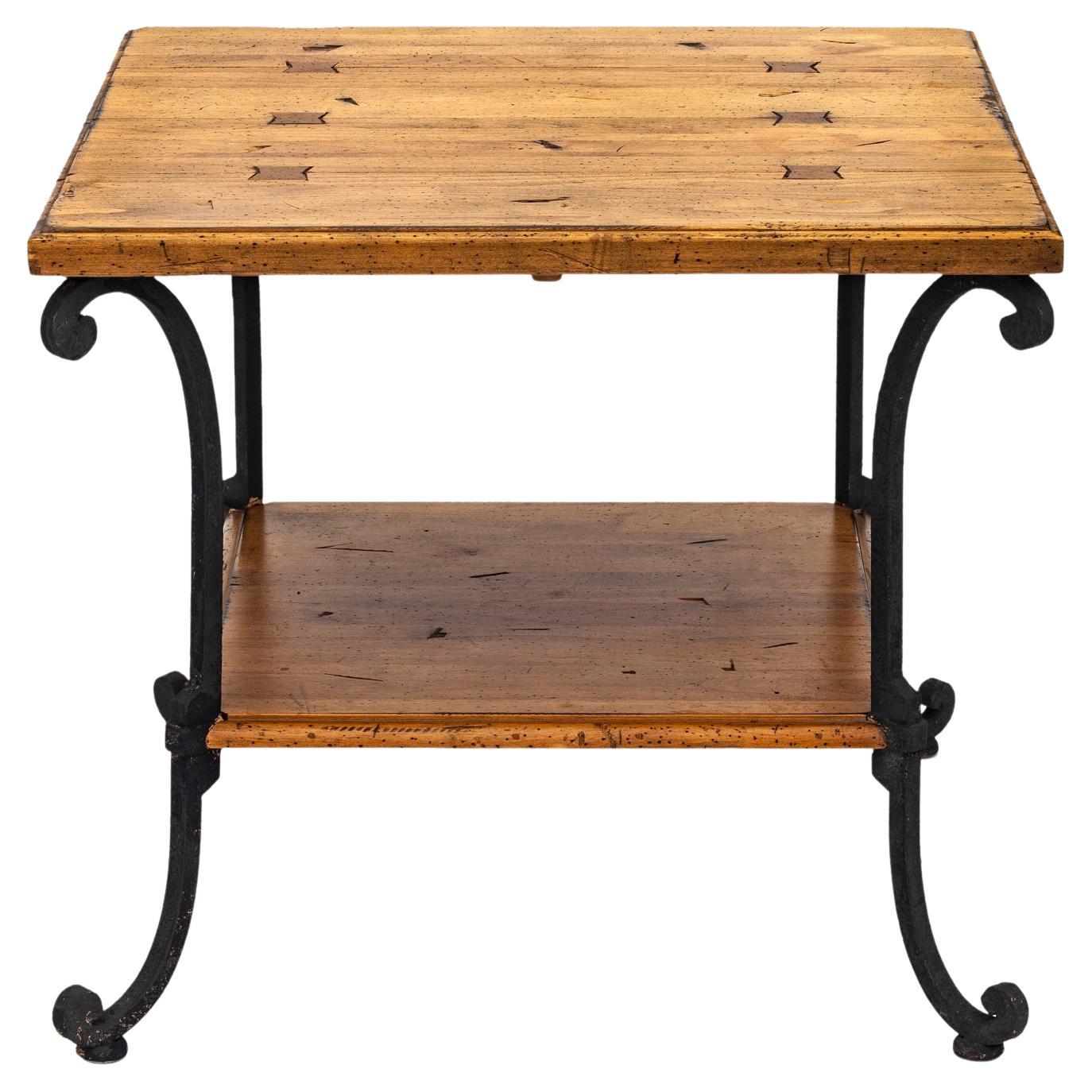 Two-Tiered Pine Table with Wrought Iron Legs For Sale
