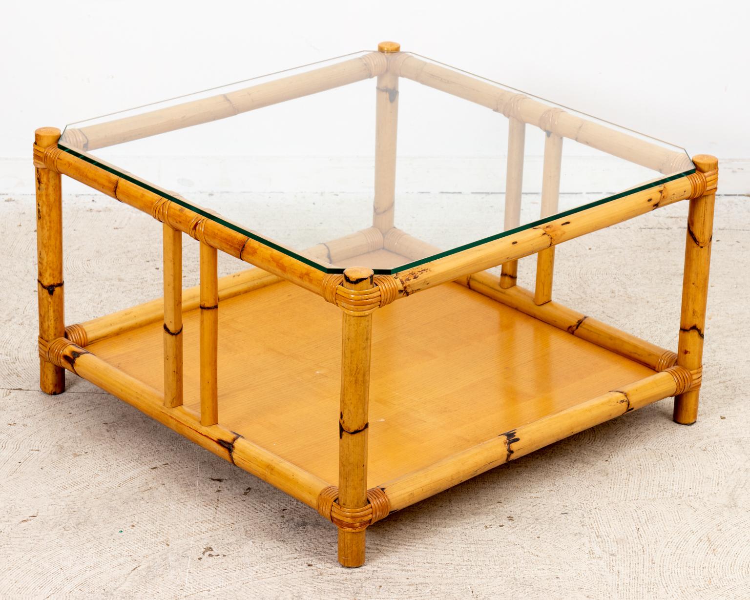 American Two Tiered Rattan Glass Top Mid-Century Coffee Table For Sale