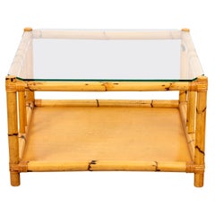 Two Tiered Rattan Glass Top Mid-Century Coffee Table