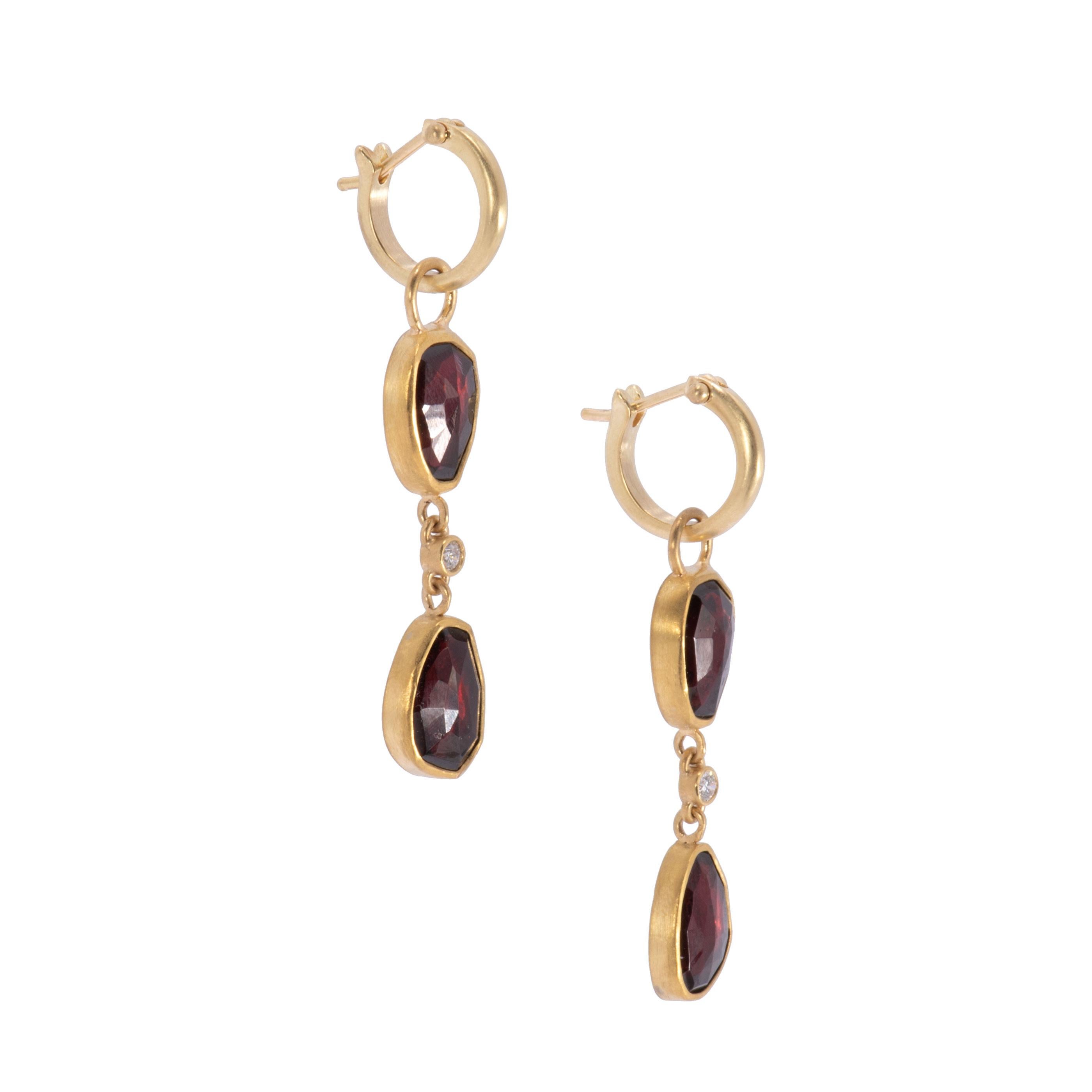 Contemporary Two-Tiered Rose Cut Garnet Drop Hoop Earrings in 22 Karat Gold with Diamonds For Sale