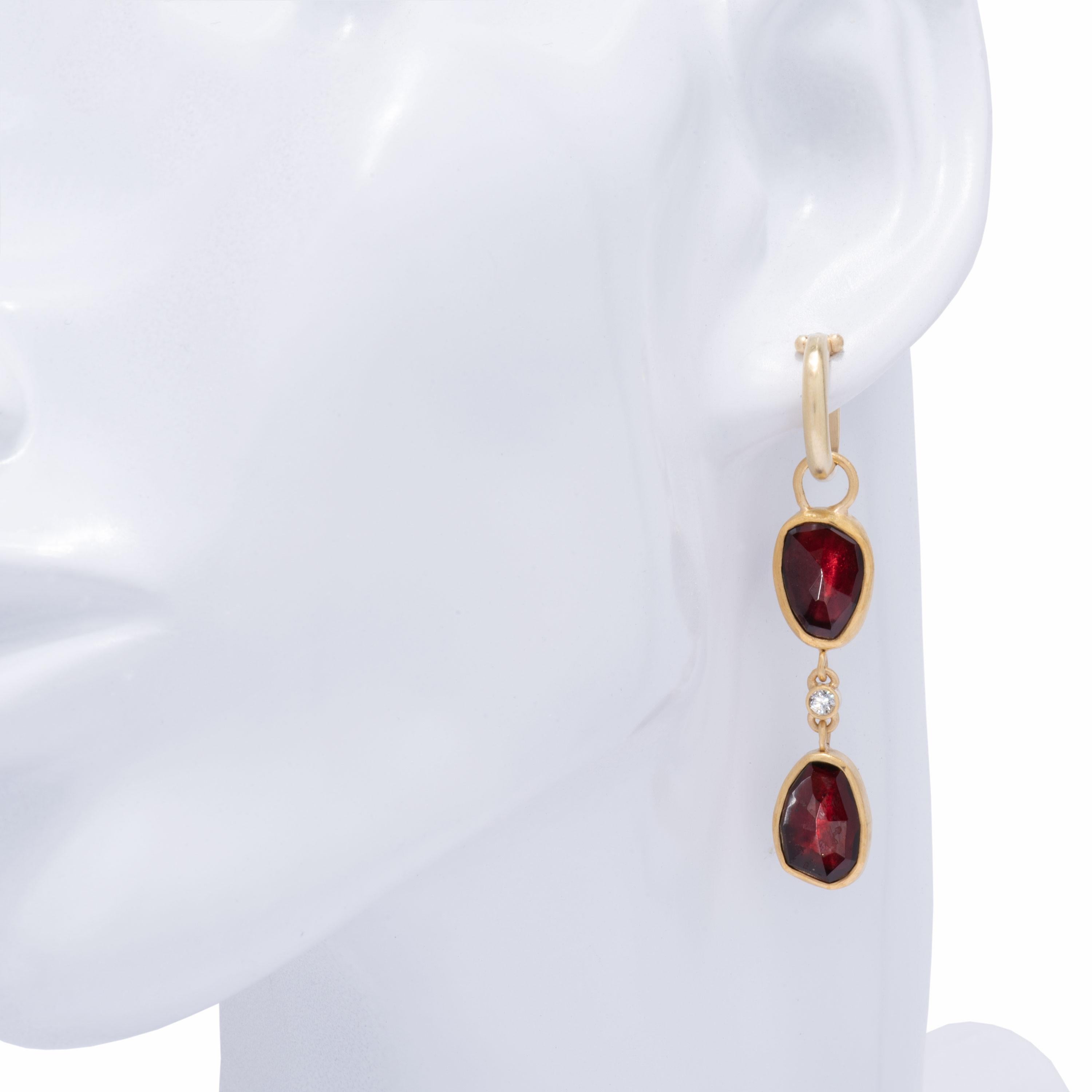 Two-Tiered Rose Cut Garnet Drop Hoop Earrings in 22 Karat Gold with Diamonds In New Condition For Sale In Santa Fe, NM