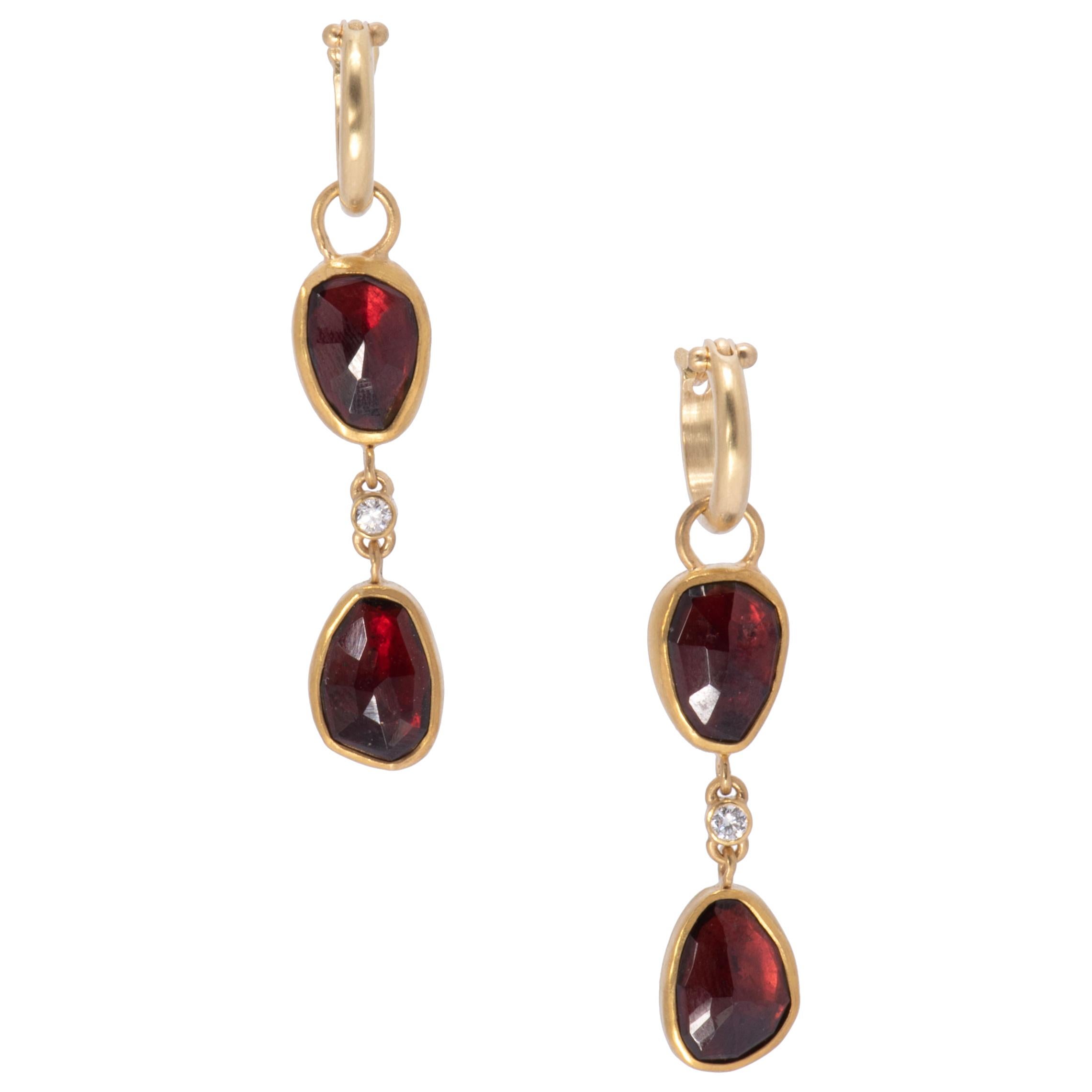 Two-Tiered Rose Cut Garnet Drop Hoop Earrings in 22 Karat Gold with Diamonds For Sale