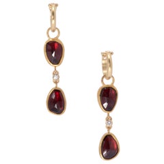 Two-Tiered Rose Cut Garnet Drop Hoop Earrings in 22 Karat Gold with Diamonds