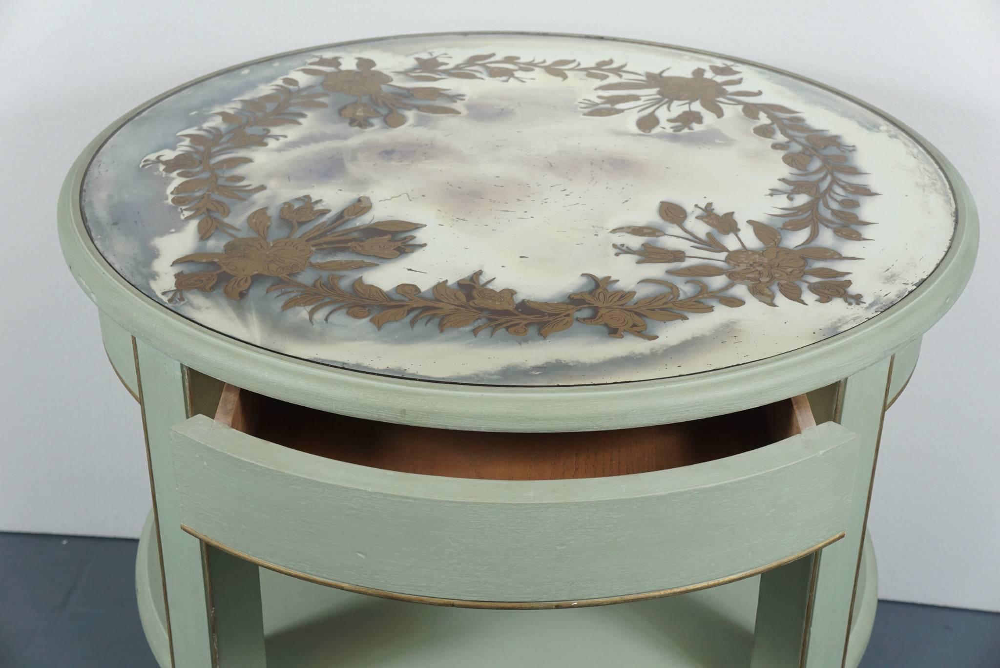 Two-Tiered Round Table with Antique Églomisé Top In Excellent Condition For Sale In Hudson, NY