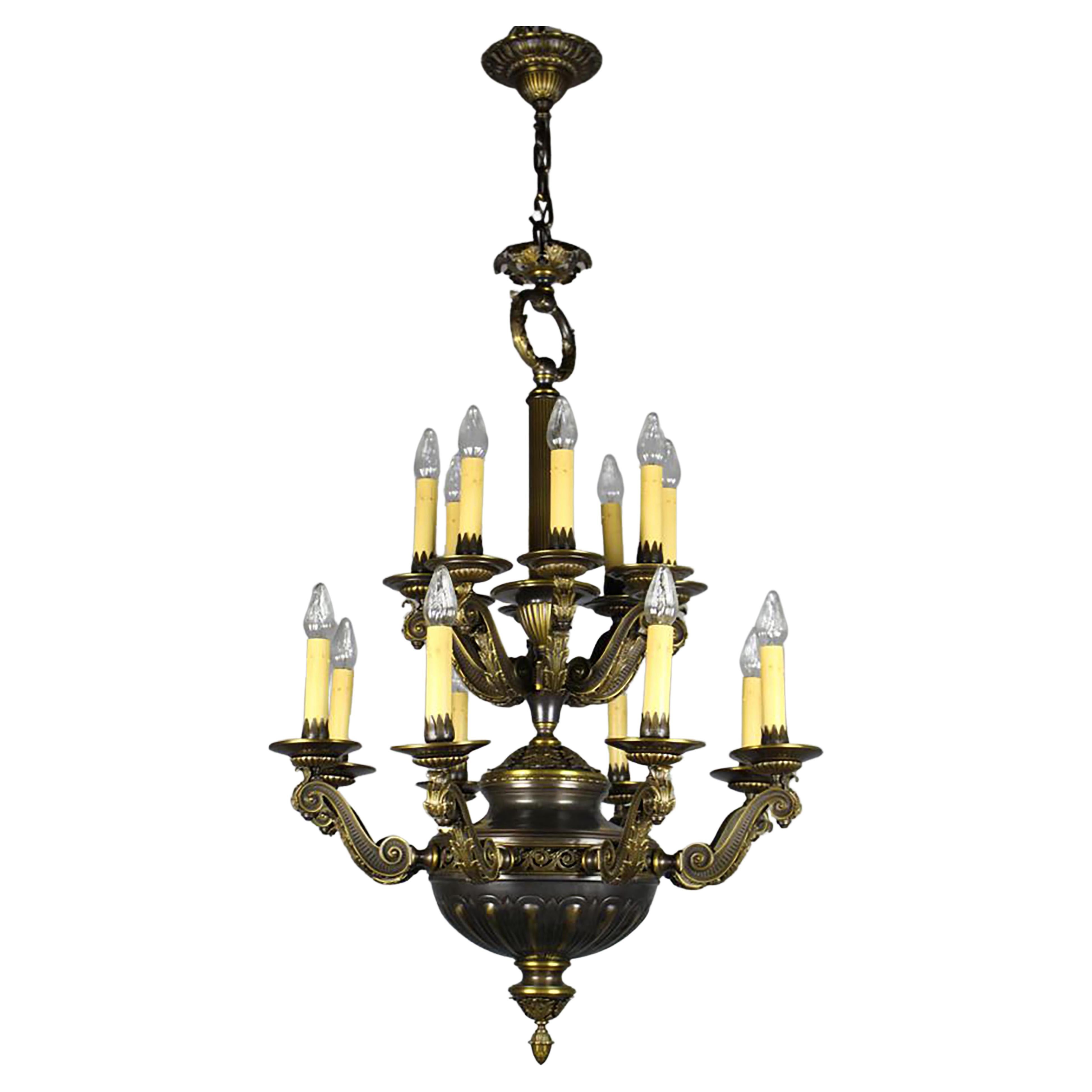Two Tiered Sixteen Candle Hotel Lobby Chandelier in Two-Toned Brass 
Bronze For Sale