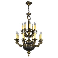 Antique Two Tiered Sixteen Candle Hotel Lobby Chandelier in Two-Toned Brass & Bronze