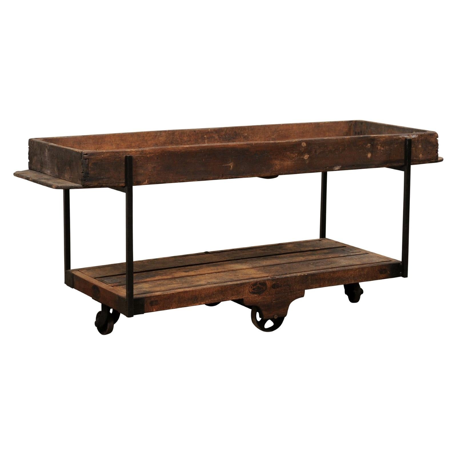 Two-Tiered Table Created w/ 19th C. Spanish Baker
s Shelves, Rolls on Wheels