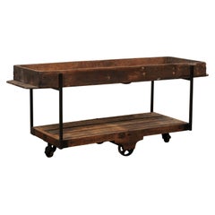 Antique Two-Tiered Table Created w/ 19th C. Spanish Baker's Shelves, Rolls on Wheels