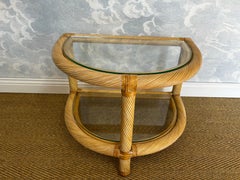 Two-Tiered Twisted Rattan Accent Table With Glass Shelves, 1970's