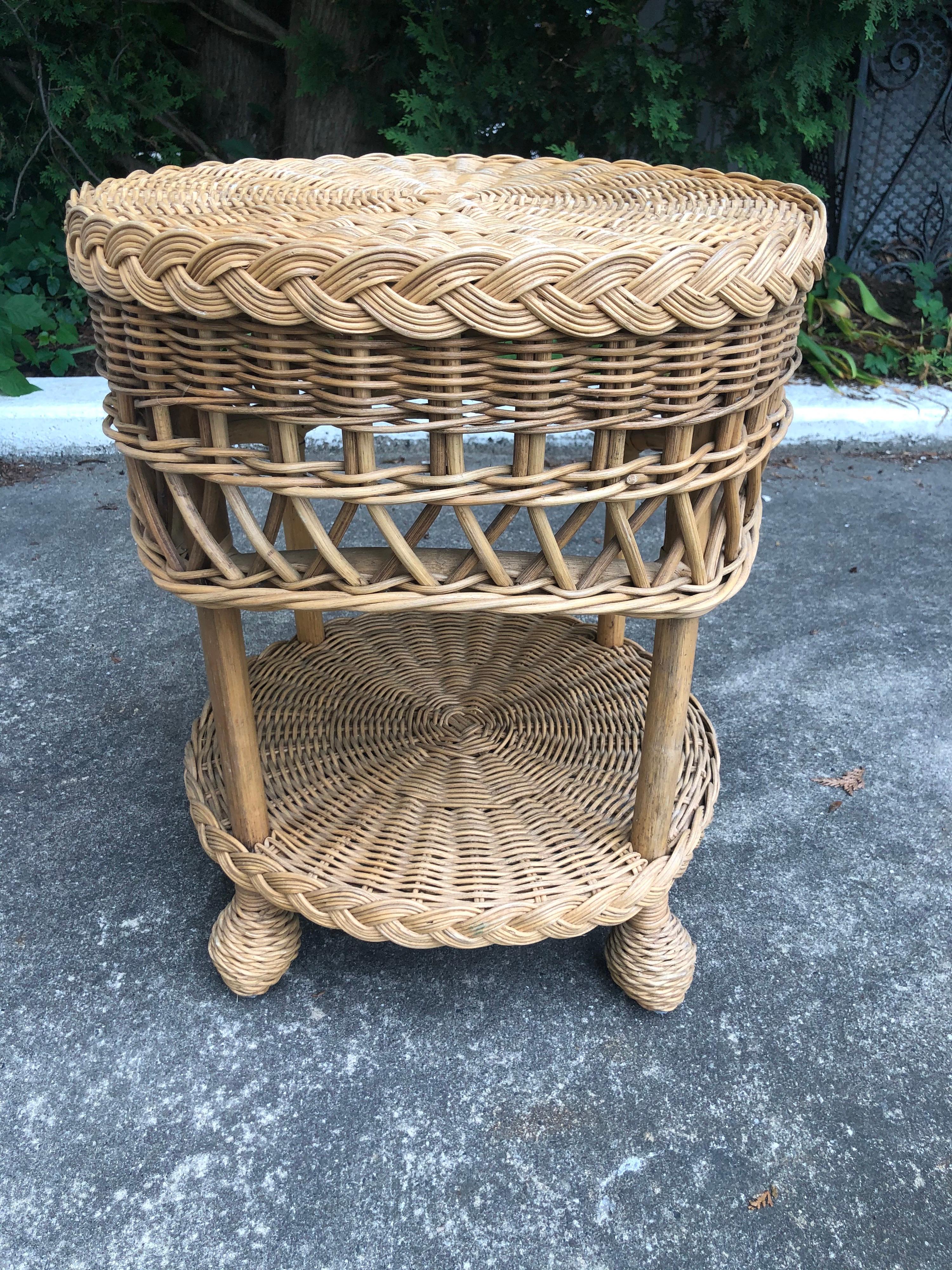 Two Tiered Wicker Side Table  In Good Condition In Redding, CT