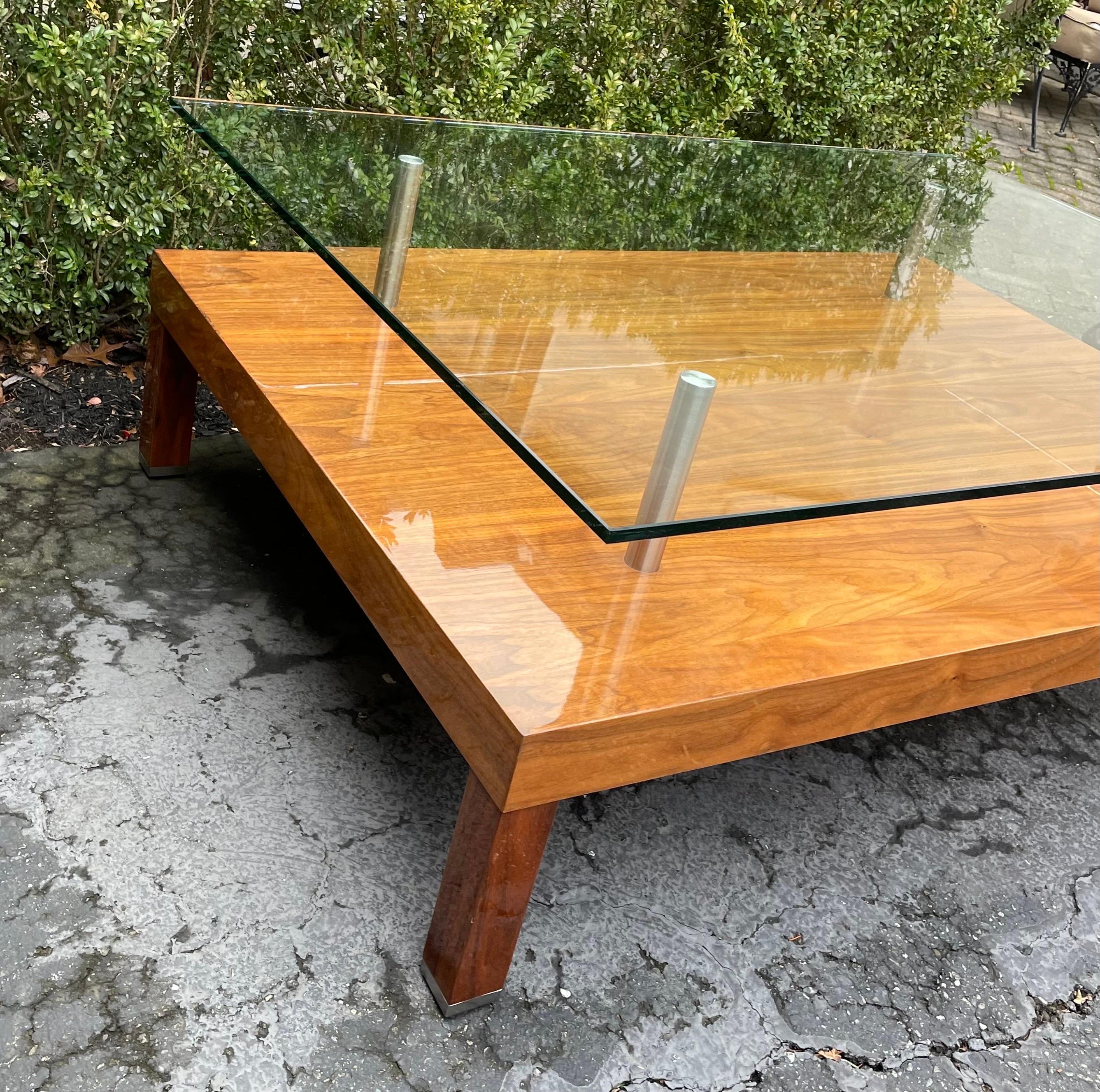 Post-Modern Coffee Table Two-Tiered Wood and Glass Rectangular In The Style of Karl Springer