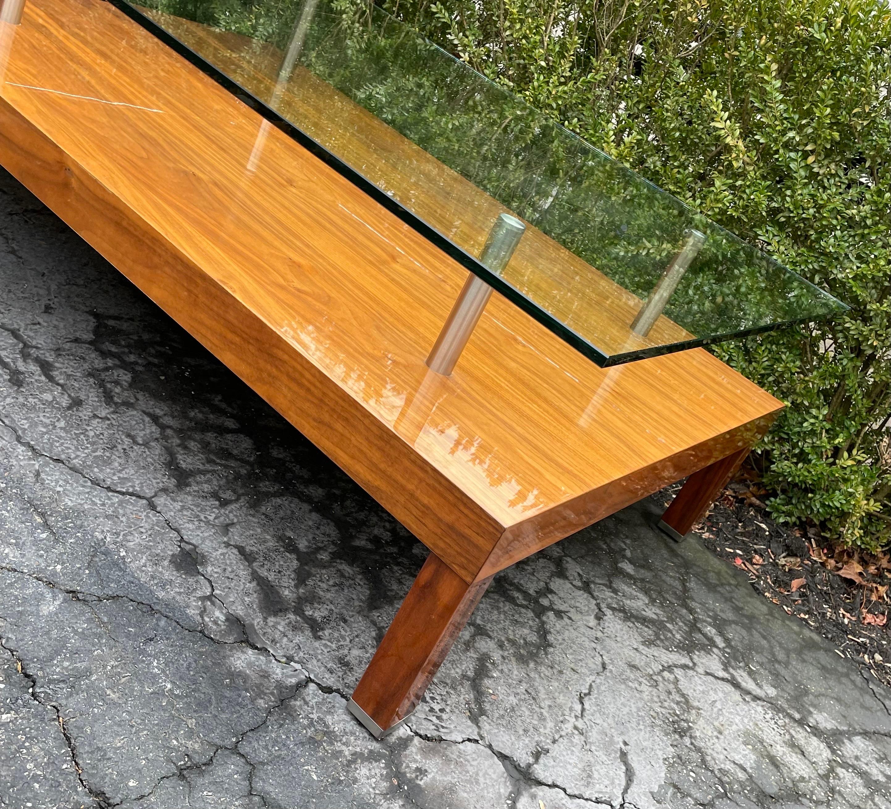 American Coffee Table Two-Tiered Wood and Glass Rectangular In The Style of Karl Springer