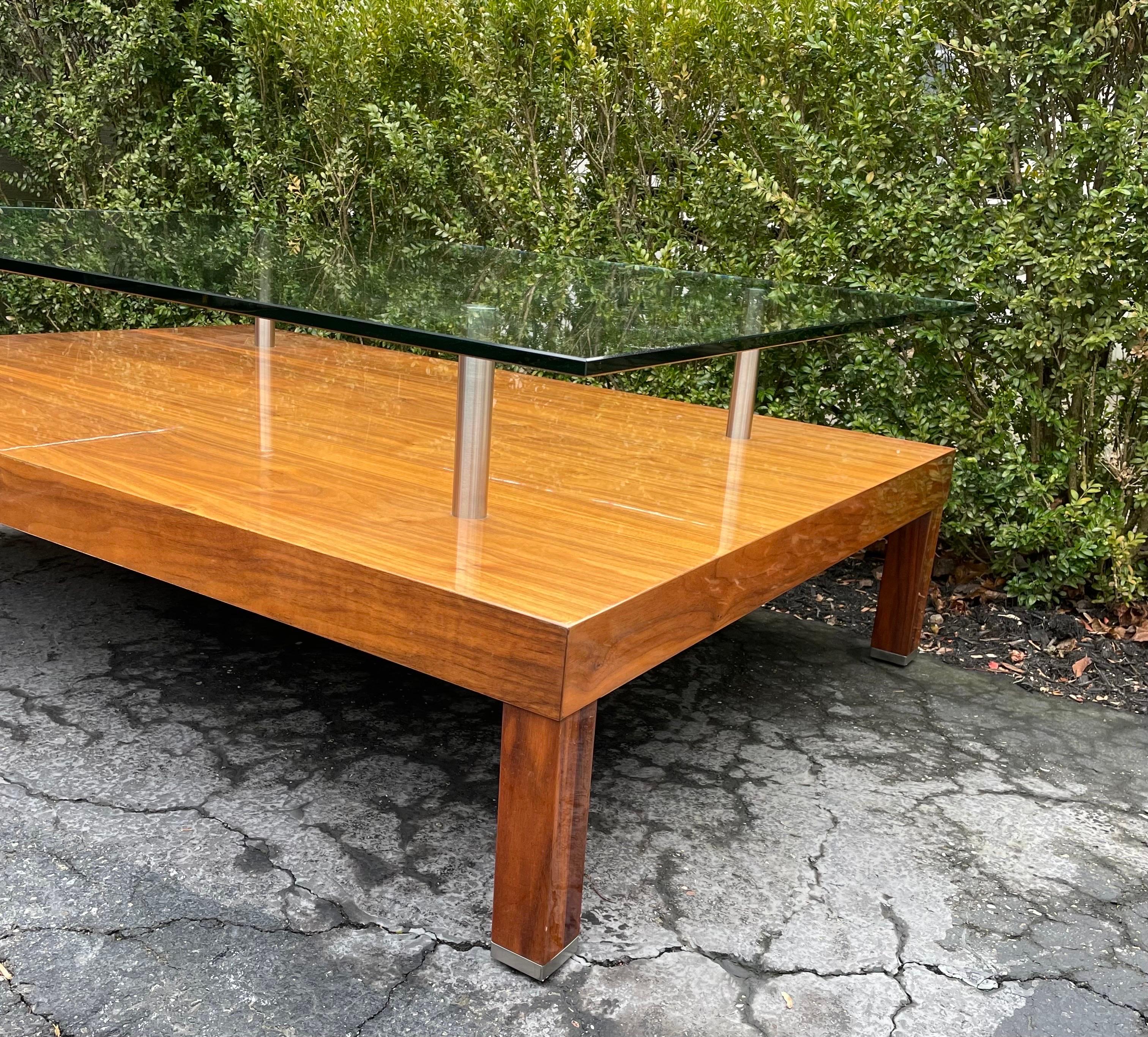 Coffee Table Two-Tiered Wood and Glass Rectangular In The Style of Karl Springer In Good Condition In Bedford Hills, NY