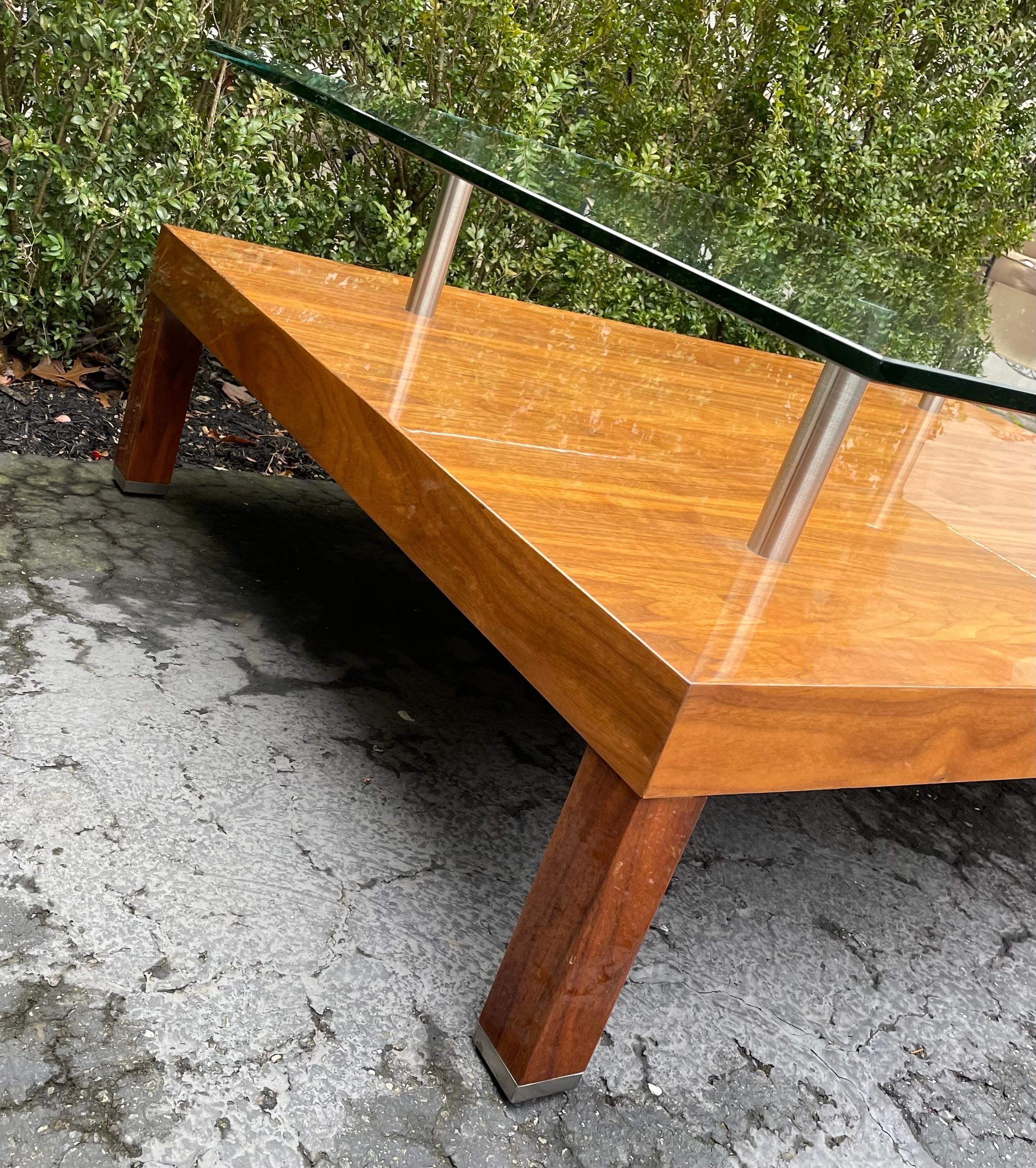 20th Century Coffee Table Two-Tiered Wood and Glass Rectangular In The Style of Karl Springer