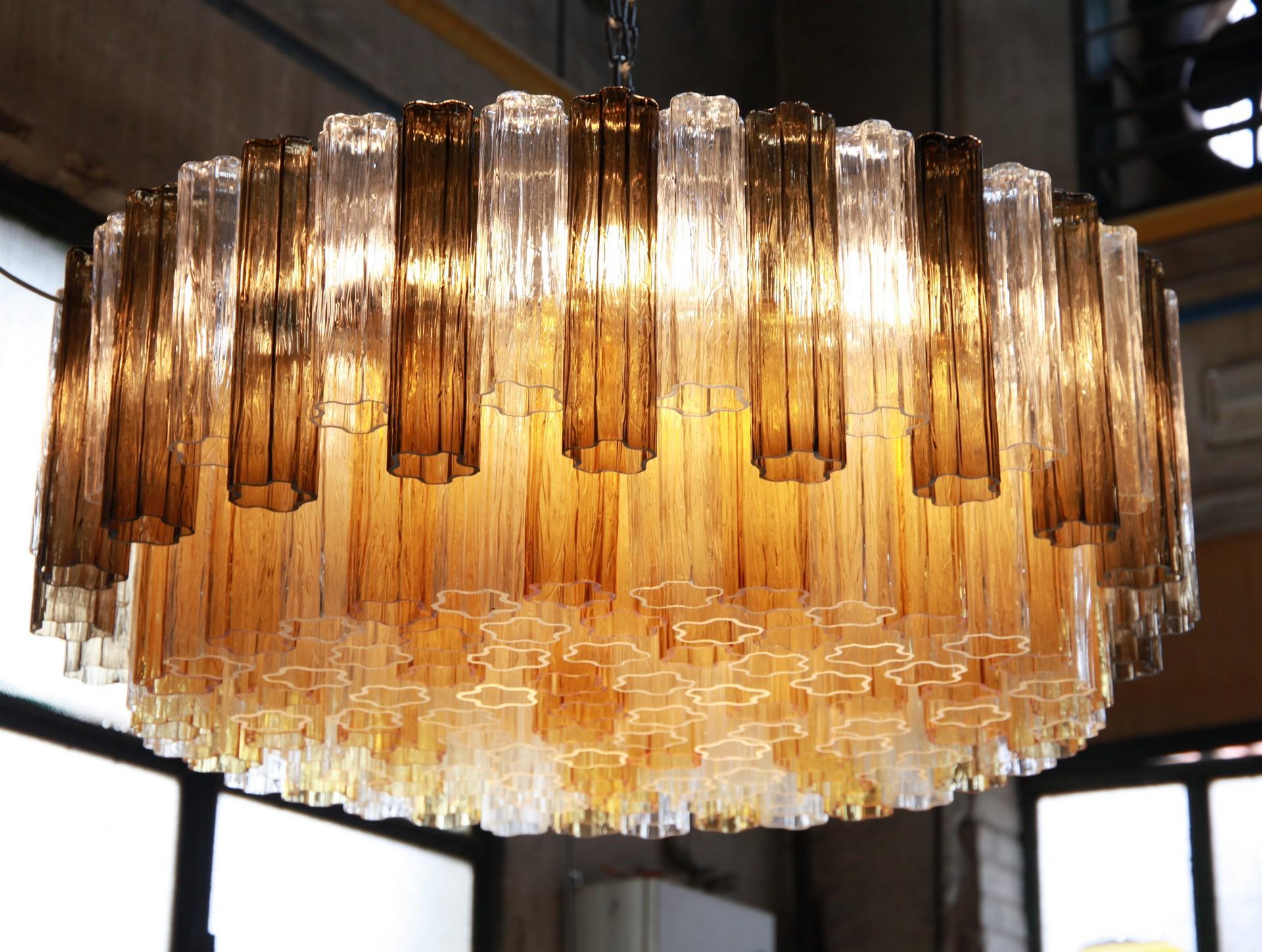 Two Tiers Murano Chandelier, Tronchi Elements in Clear and Amber and Gray Kalmar 6