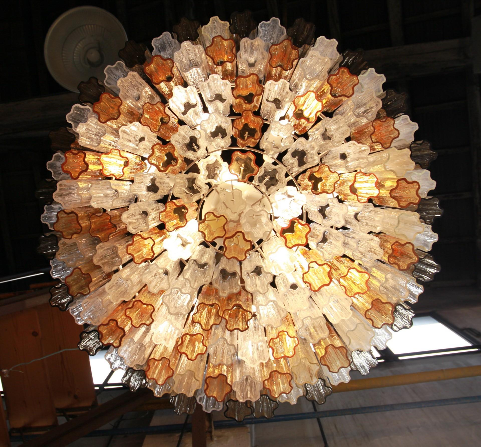 Two Tiers Murano Chandelier, Tronchi Elements in Clear and Amber and Gray Kalmar 8