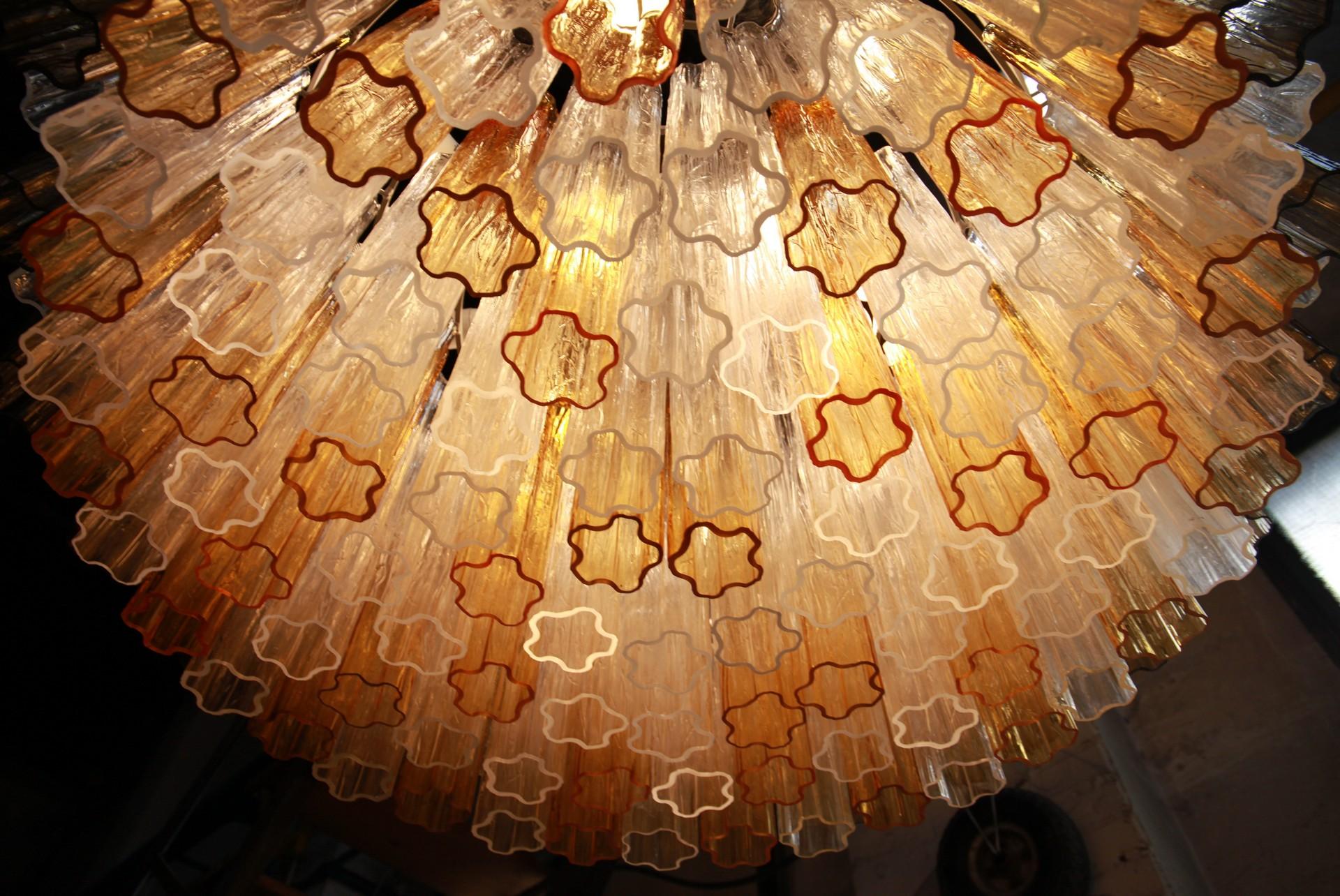 Two Tiers Murano Chandelier, Tronchi Elements in Clear and Amber and Gray Kalmar 10