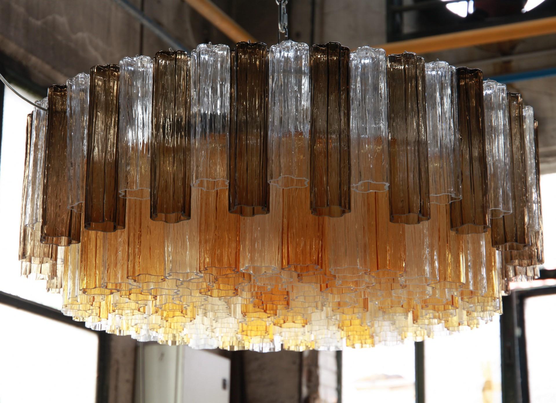 Mid-Century Modern Two Tiers Murano Chandelier, Tronchi Elements in Clear and Amber and Gray Kalmar