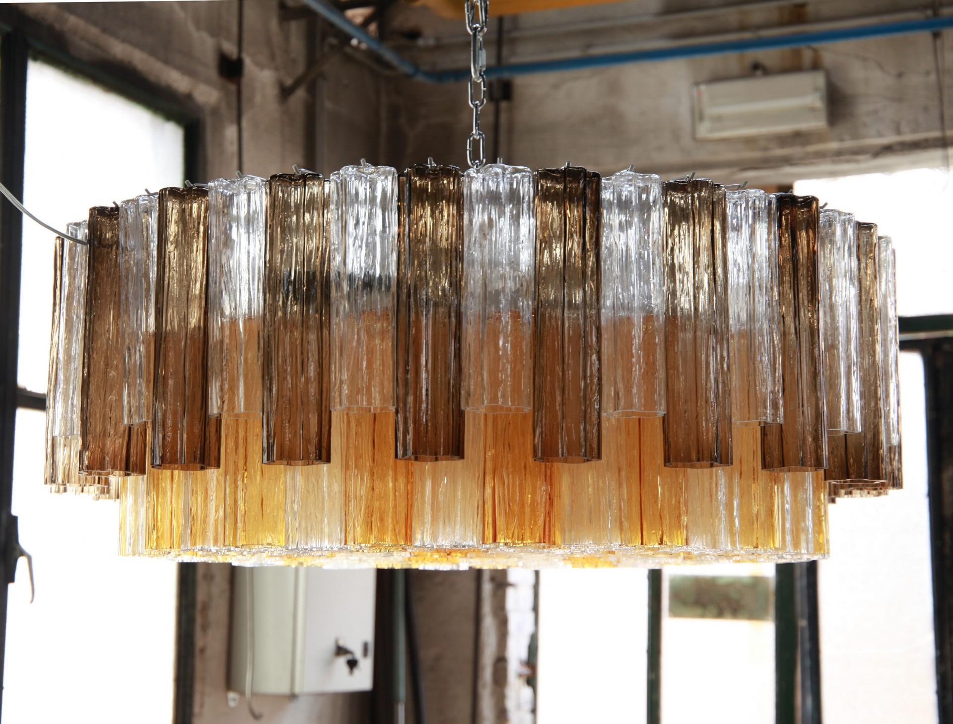 Italian Two Tiers Murano Chandelier, Tronchi Elements in Clear and Amber and Gray Kalmar