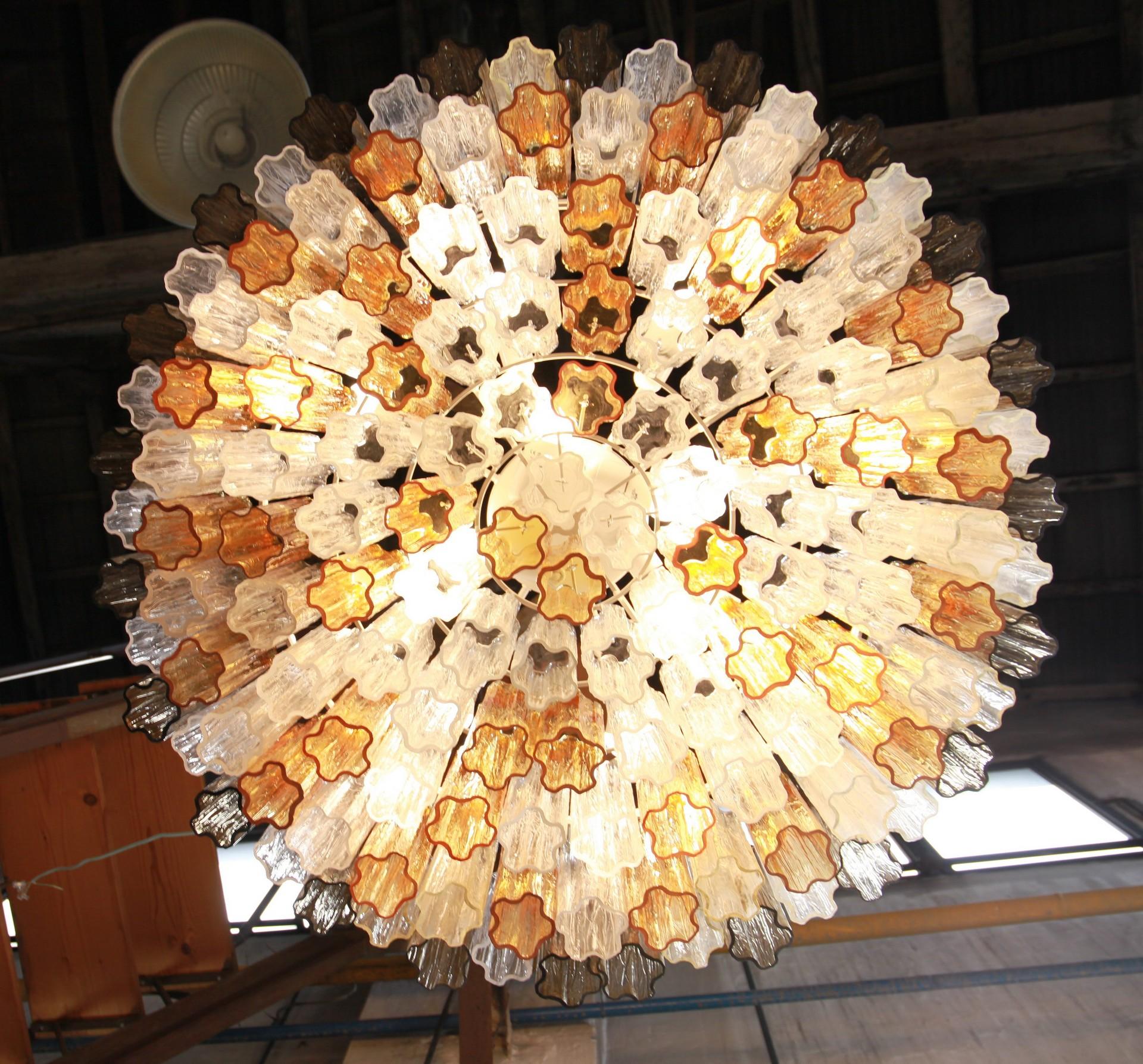 20th Century Two Tiers Murano Chandelier, Tronchi Elements in Clear and Amber and Gray Kalmar