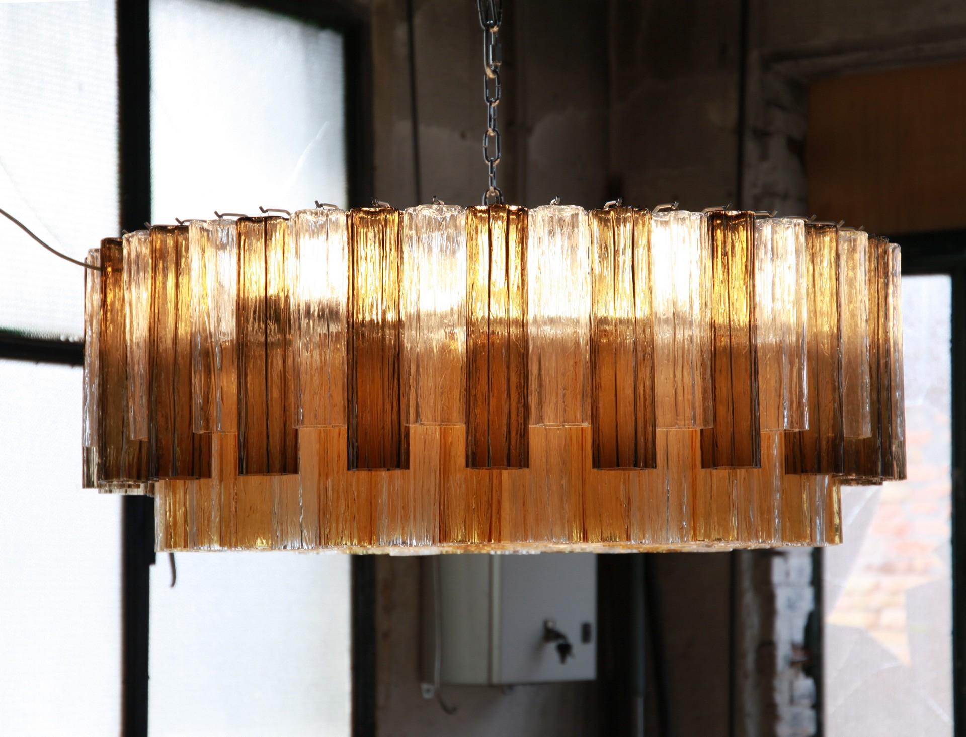 Two Tiers Murano Chandelier, Tronchi Elements in Clear and Amber and Gray Kalmar 1