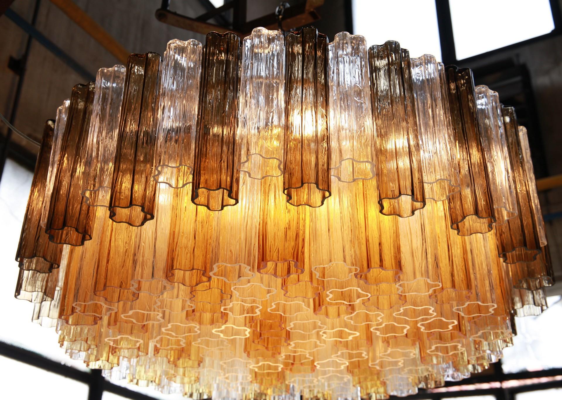 Two Tiers Murano Chandelier, Tronchi Elements in Clear and Amber and Gray Kalmar 3