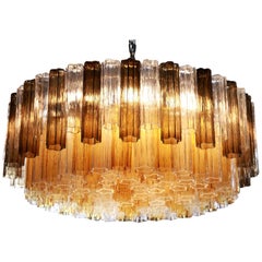 Two Tiers Murano Chandelier, Tronchi Elements in Clear and Amber and Gray Kalmar