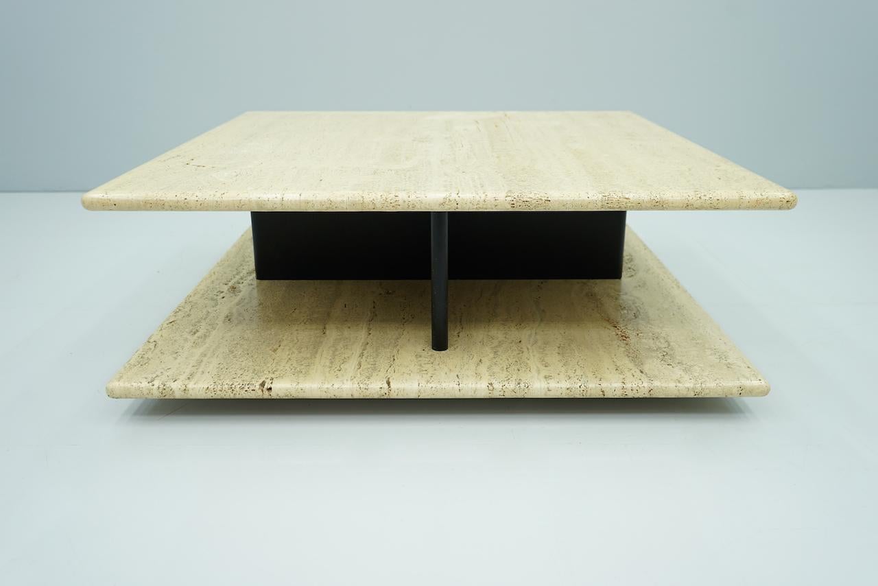 Mid-Century Modern Two Tiers Coffee Table on Wheels in Italian Travertine Stone, 1970s For Sale