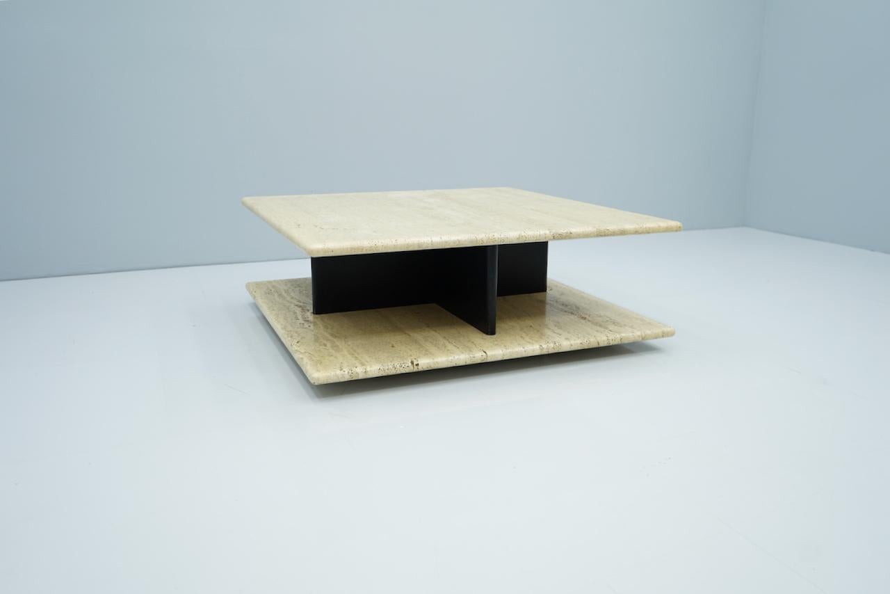 Wood Two Tiers Coffee Table on Wheels in Italian Travertine Stone, 1970s For Sale