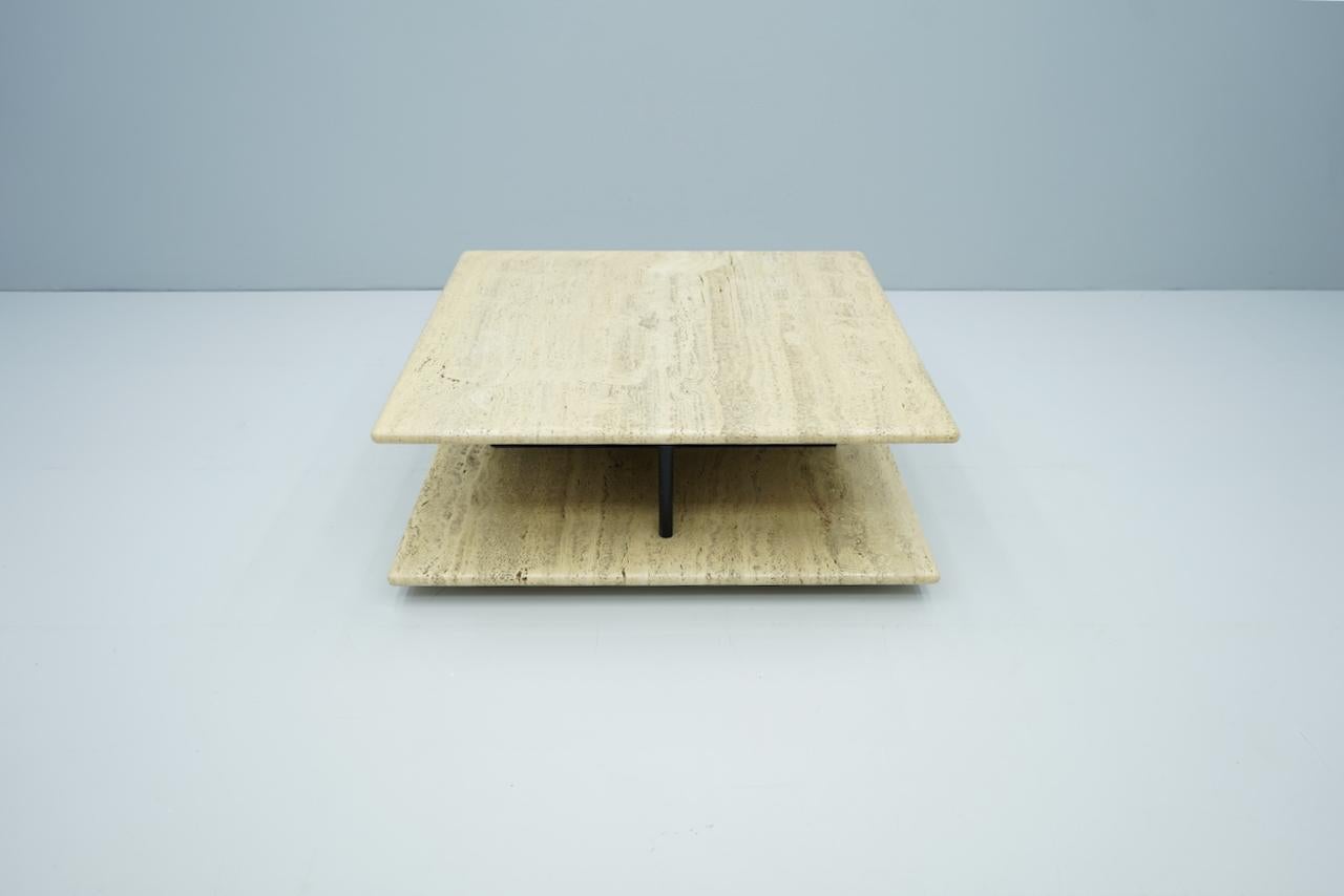 Two Tiers Coffee Table on Wheels in Italian Travertine Stone, 1970s For Sale 1