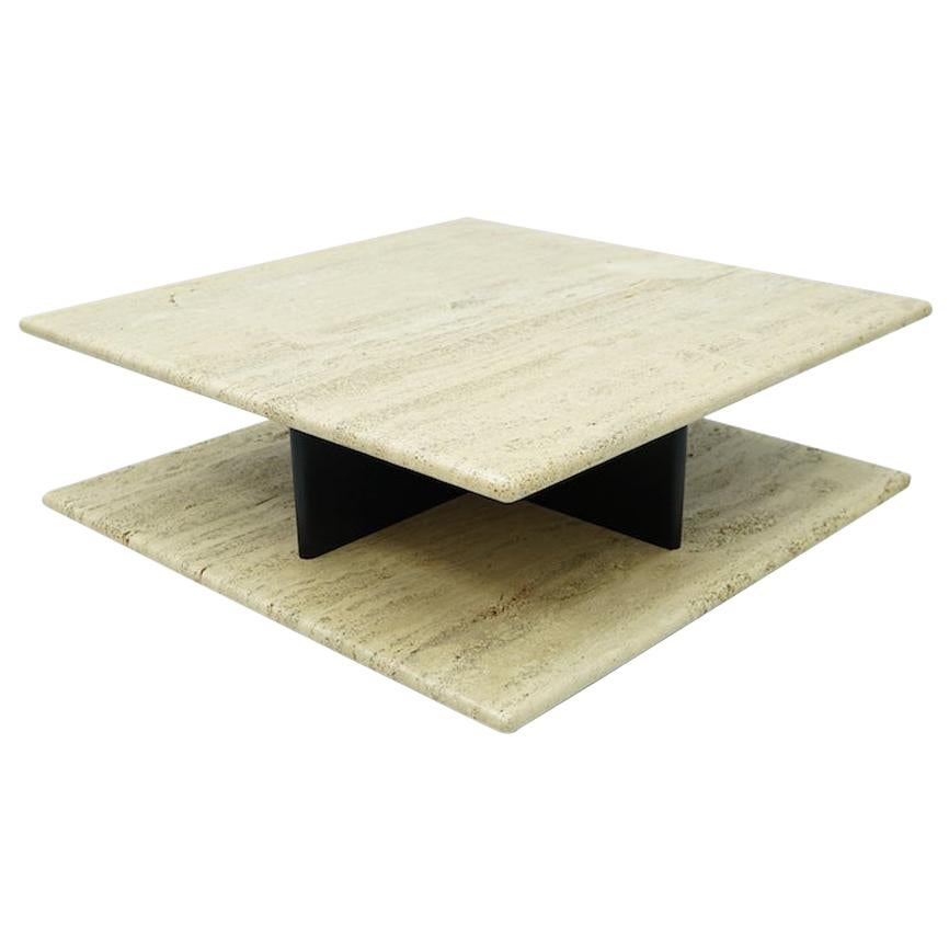 Two Tiers Coffee Table on Wheels in Italian Travertine Stone, 1970s For Sale