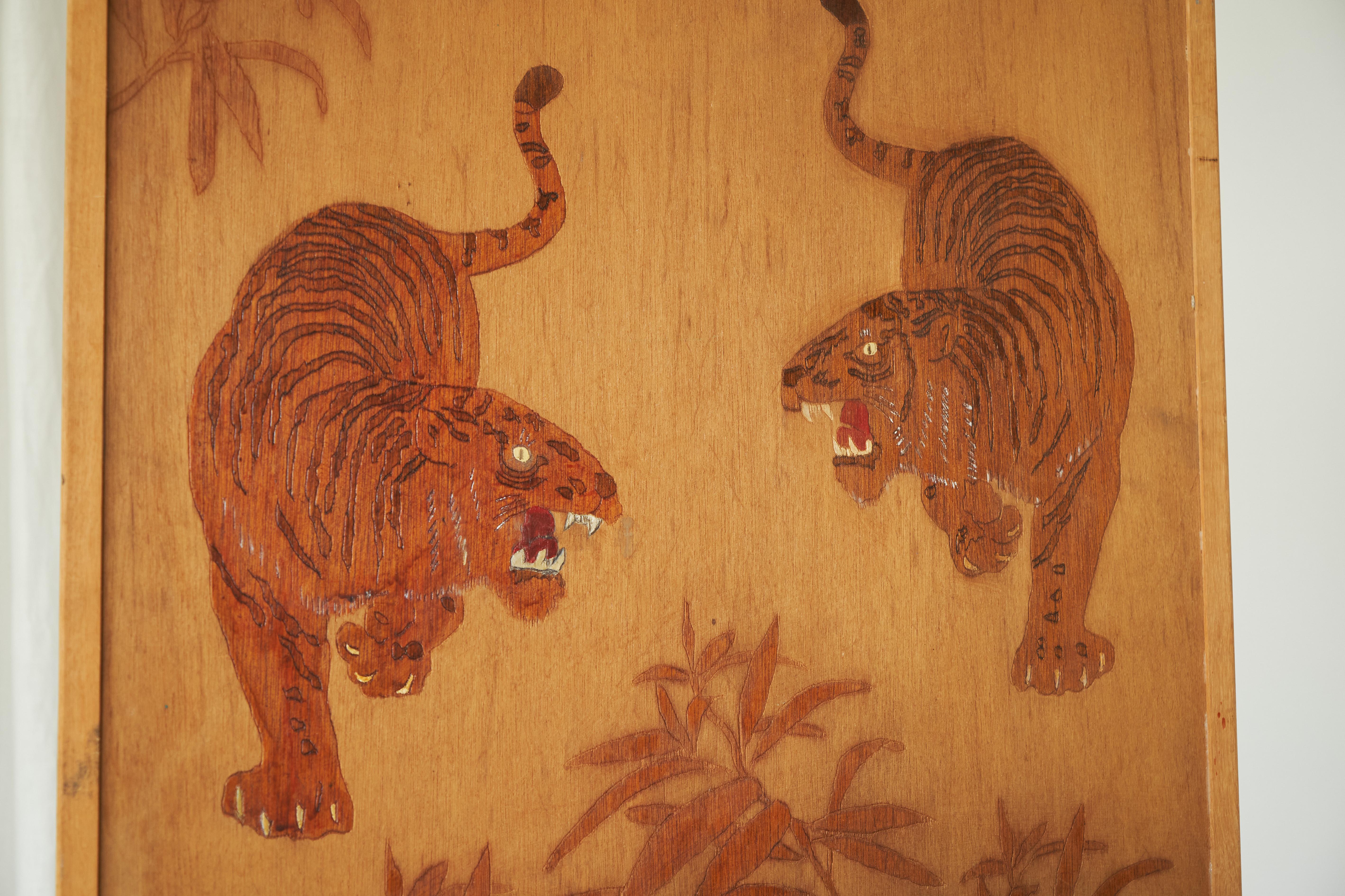 Mid-Century Modern Two Tigers Carving in Wood 1970s