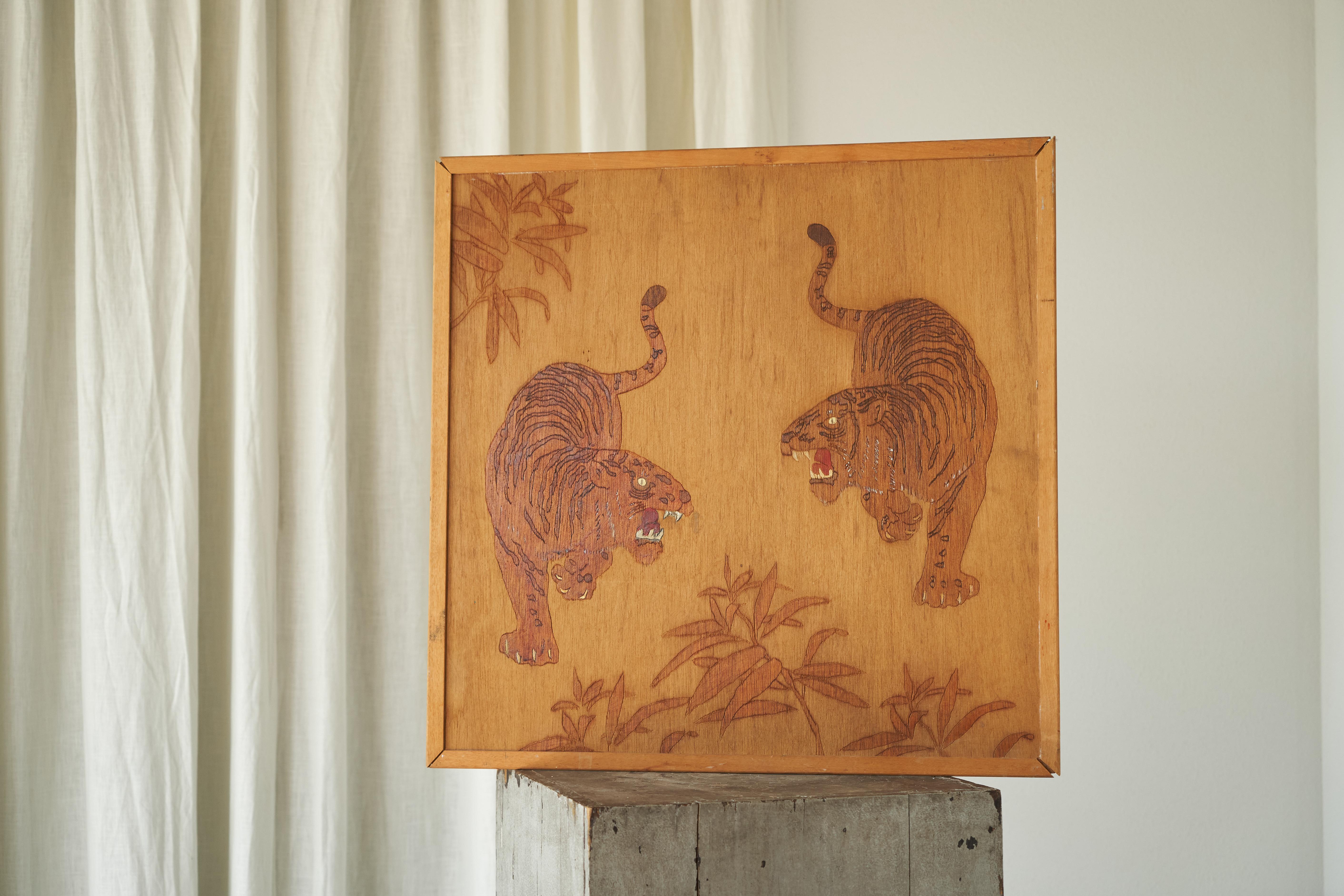 Asian Two Tigers Carving in Wood 1970s