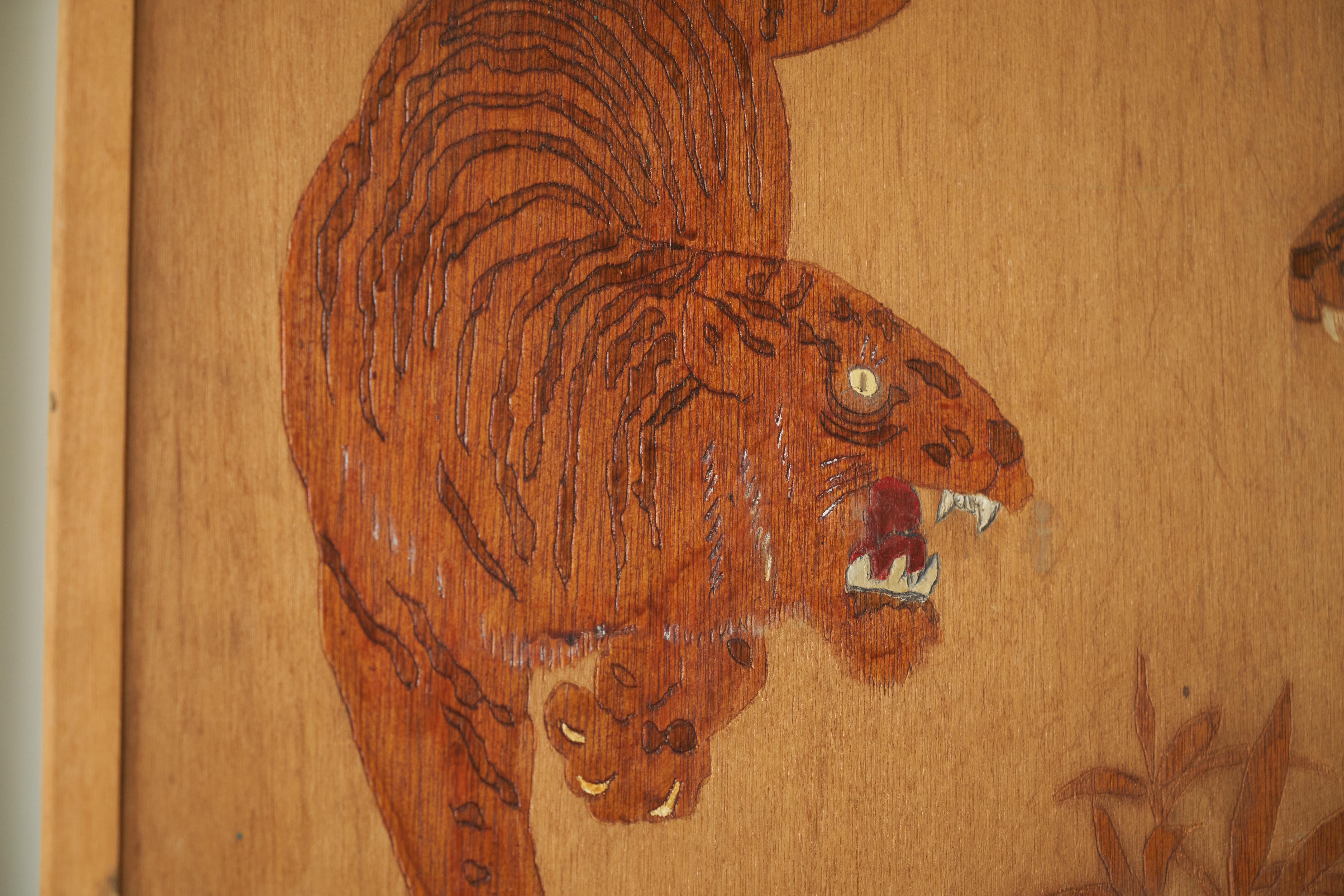 Hand-Crafted Two Tigers Carving in Wood 1970s